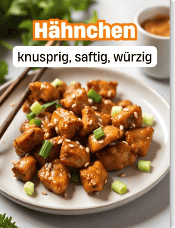 Sesam-Hähnchen aus dem Airfryer auf weißem Teller