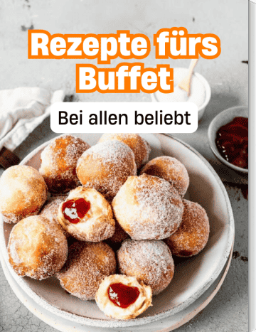 Cover der Sammlung Rezepte fürs Buffet mit einem Teller voller Mini-Berliner gefüllt mit Marmelade